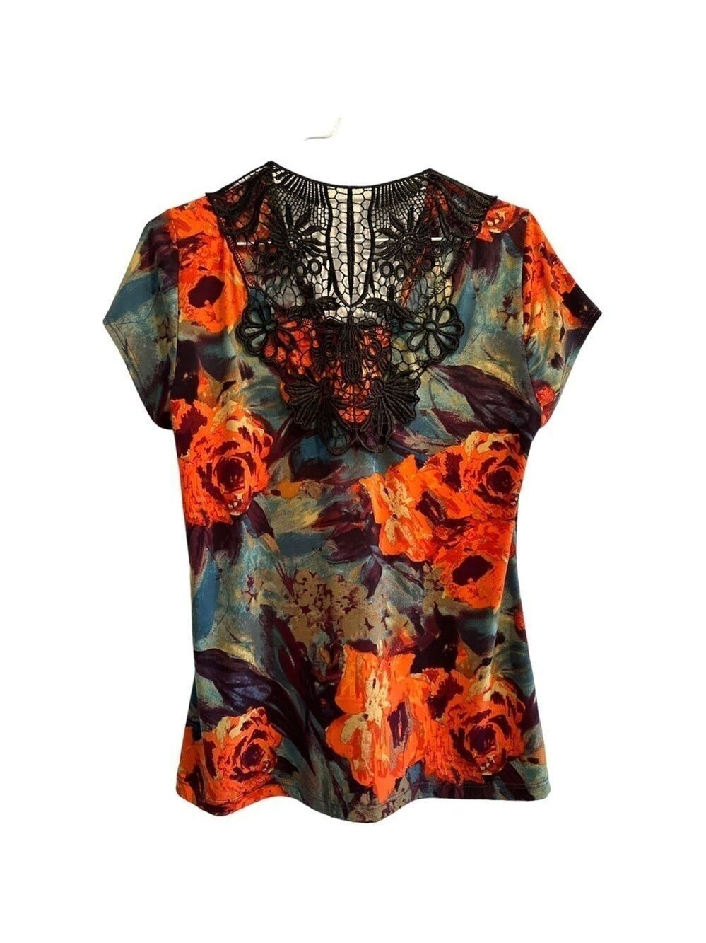 Fall Festival Whimsgoth Blouse Orange & Black Lace Sheer Back Womens Medium - Picture 2 of 13